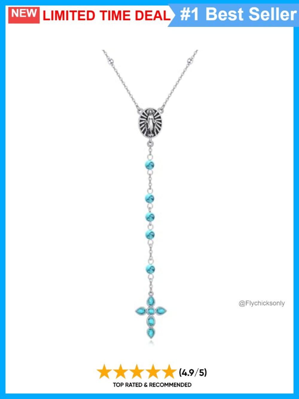 Sterling Silver Turquoise Virgin Mary Rosary Y Necklace Cross